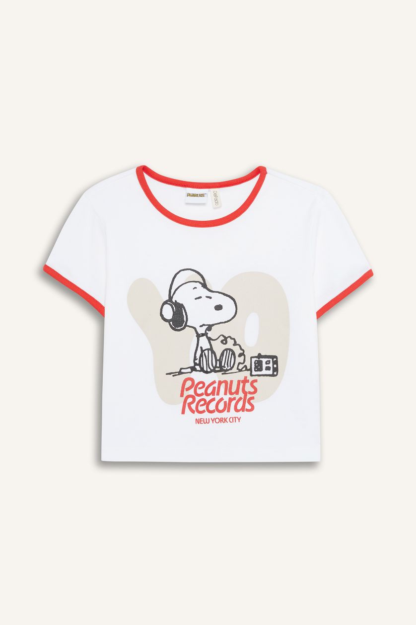 Kız Çocuk - Genç Kız Beyaz Snoopy Crop Bisiklet Yaka Kaşkorse Kısa Kollu Tişört Kız Çocuk