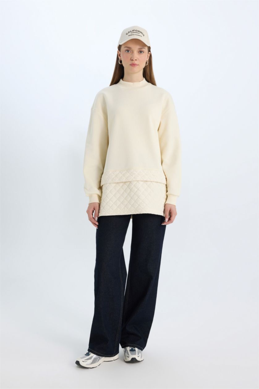 Kadın Ekru Relax Fit Bisiklet Yaka Kapitone İçi Yumuşak Tüylü Kalın Sweatshirt Tunik