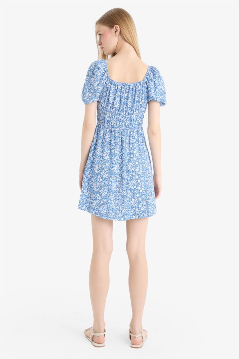 Kadın Mavi Kare Yaka Çiçekli Bürümcük Kısa Kollu Mini Yazlık Elbise