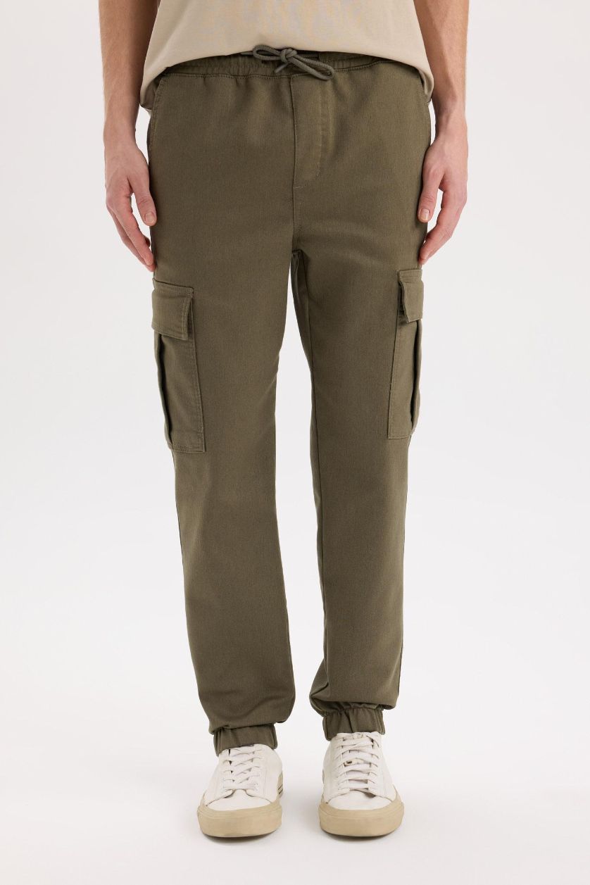 MAN Khaki Regular Waist Laced Textured Jogger Cargo Pants