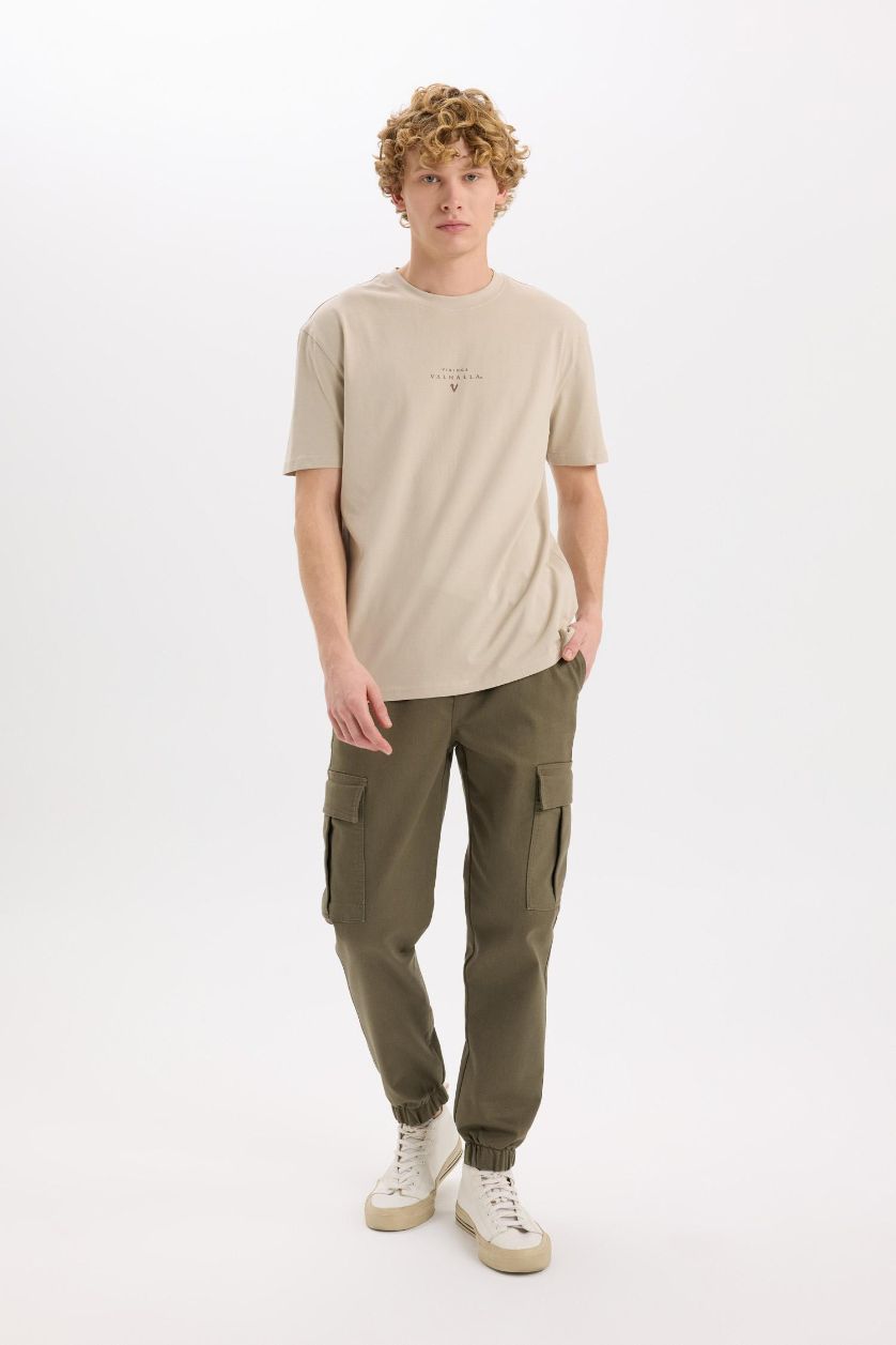MAN Khaki Regular Waist Laced Textured Jogger Cargo Pants