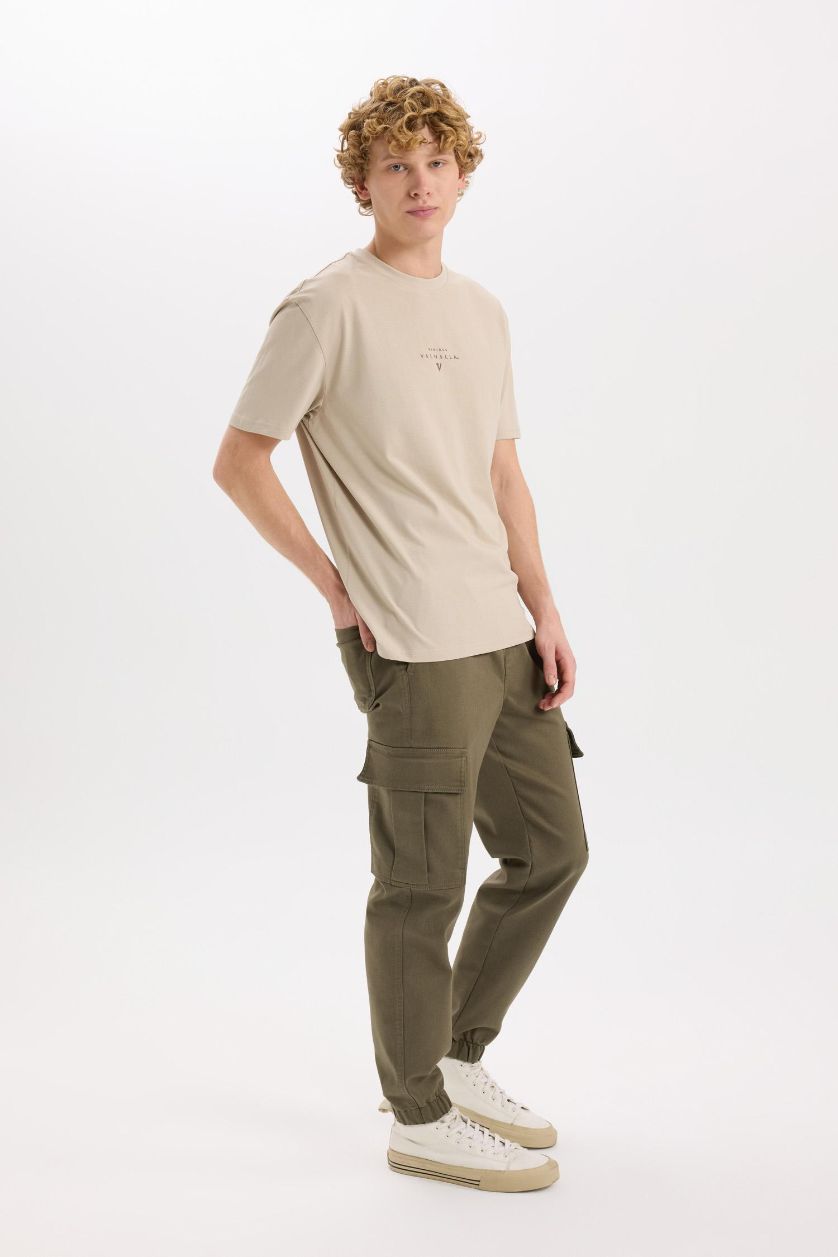 MAN Khaki Regular Waist Laced Textured Jogger Cargo Pants
