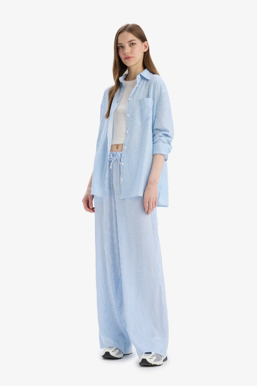 FEMME Bleu Pantalon en lin mélangé large à rayures