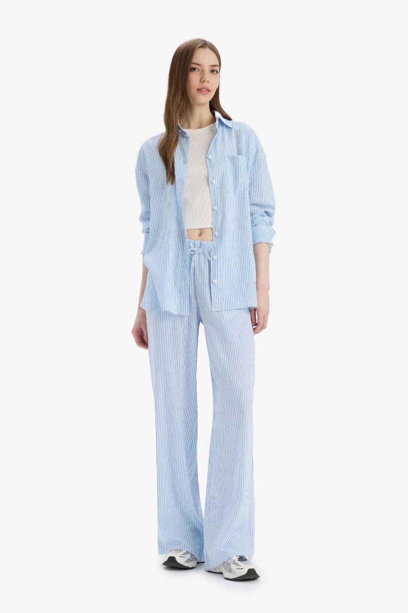 FEMME Bleu Pantalon en lin mélangé large à rayures