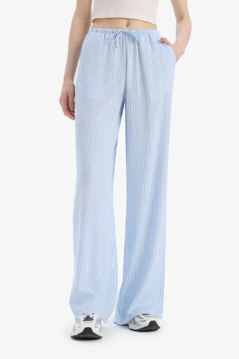 FEMME Bleu Pantalon en lin mélangé large à rayures