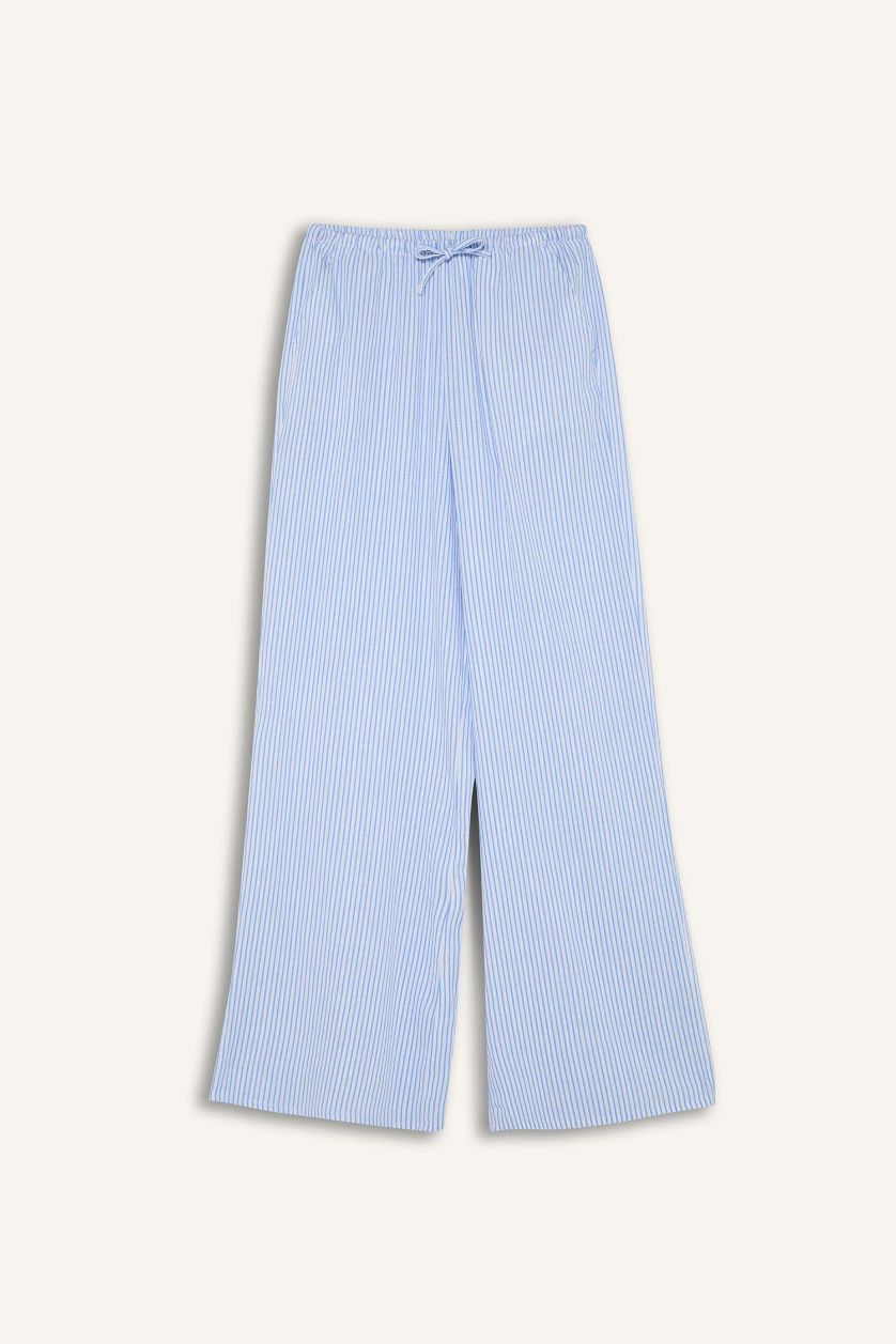 FEMME Bleu Pantalon en lin mélangé large à rayures