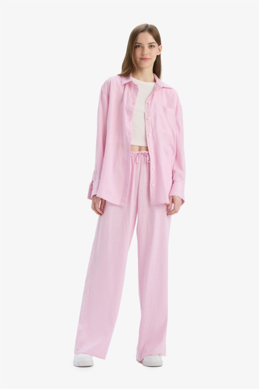 FEMME Rose Clair Pantalon large en lin mélangé à rayures et taille élastique