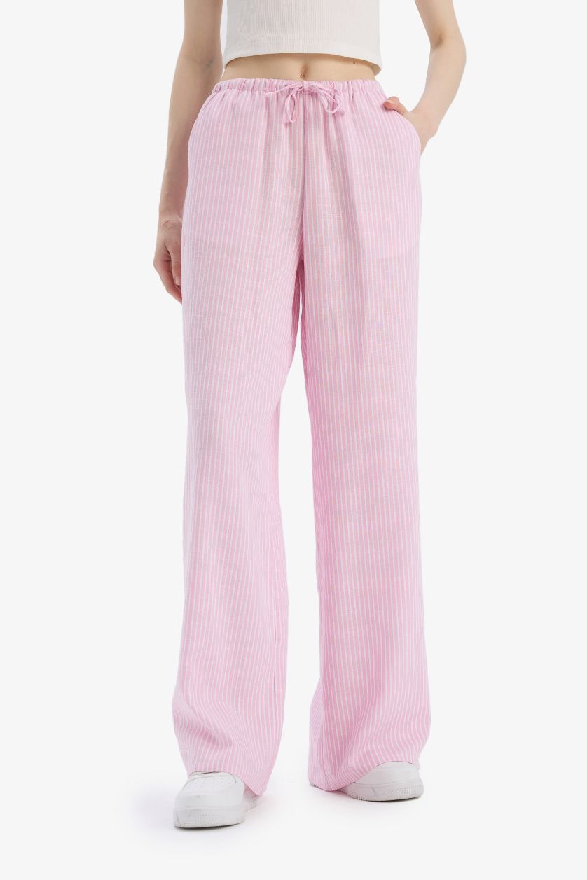 FEMME Rose Clair Pantalon large en lin mélangé à rayures et taille élastique