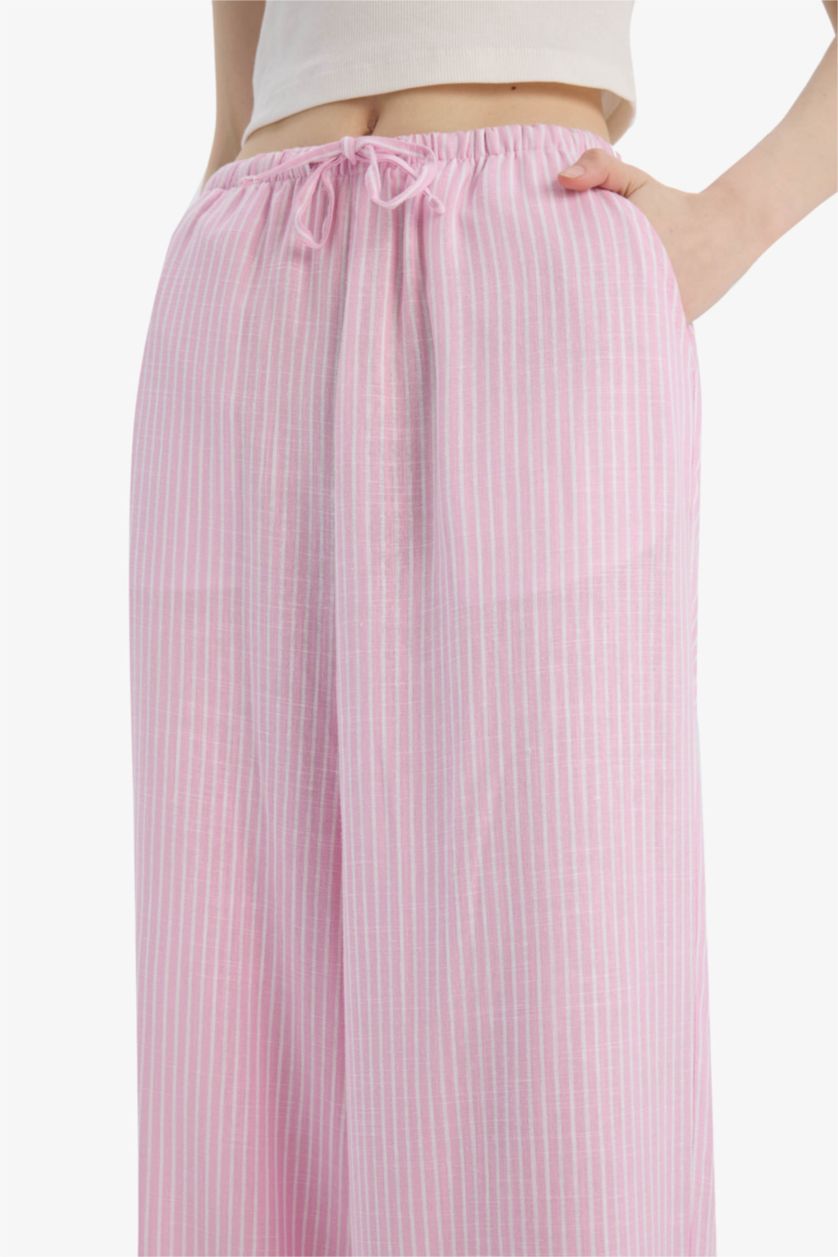 FEMME Rose Clair Pantalon large en lin mélangé à rayures et taille élastique