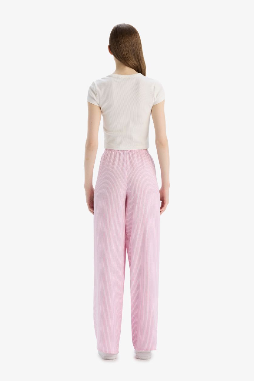 FEMME Rose Clair Pantalon large en lin mélangé à rayures et taille élastique