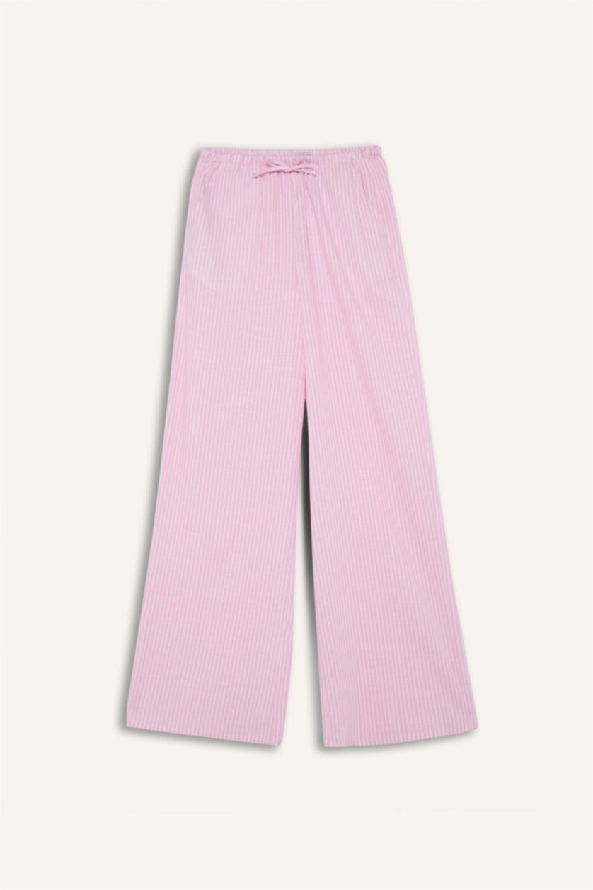 FEMME Rose Clair Pantalon large en lin mélangé à rayures et taille élastique