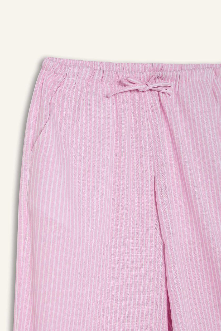 FEMME Rose Clair Pantalon large en lin mélangé à rayures et taille élastique