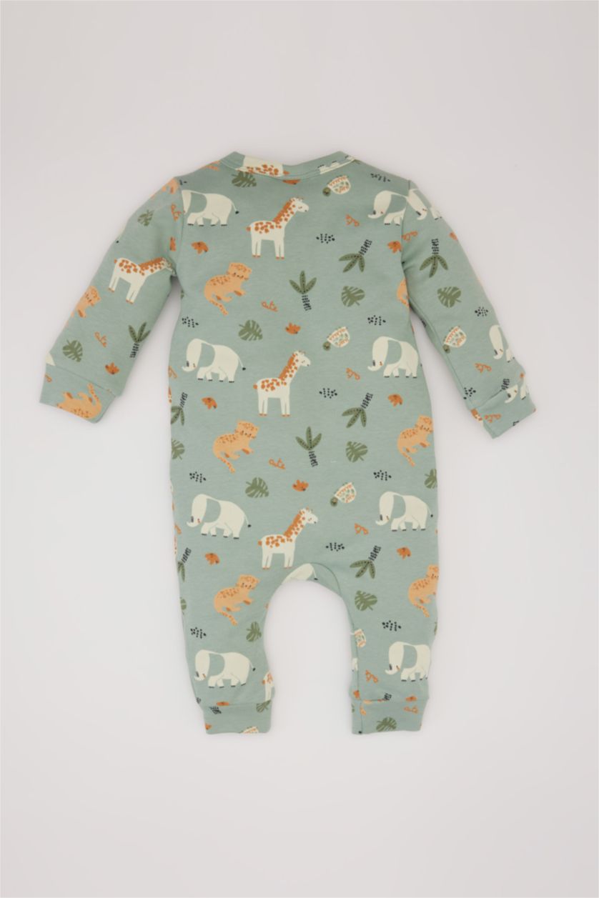 Erkek Bebek Açık Haki Safari Baskılı Uzun Kollu Tulum Erkek Bebek Yenidoğan