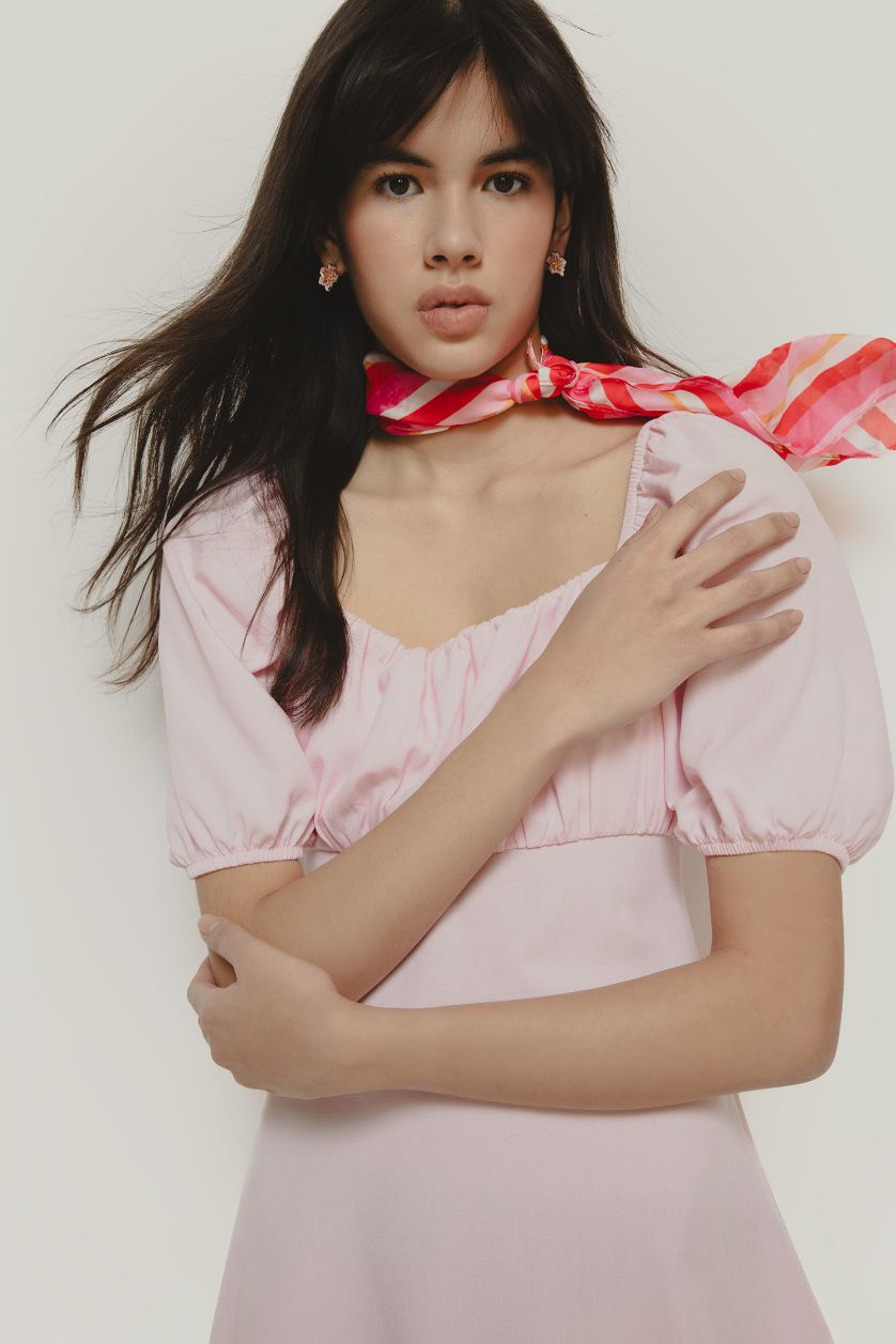 Kadın Açık Pembe Kare Yaka Keten Karışımlı Kısa Kollu Midi Yazlık Elbise