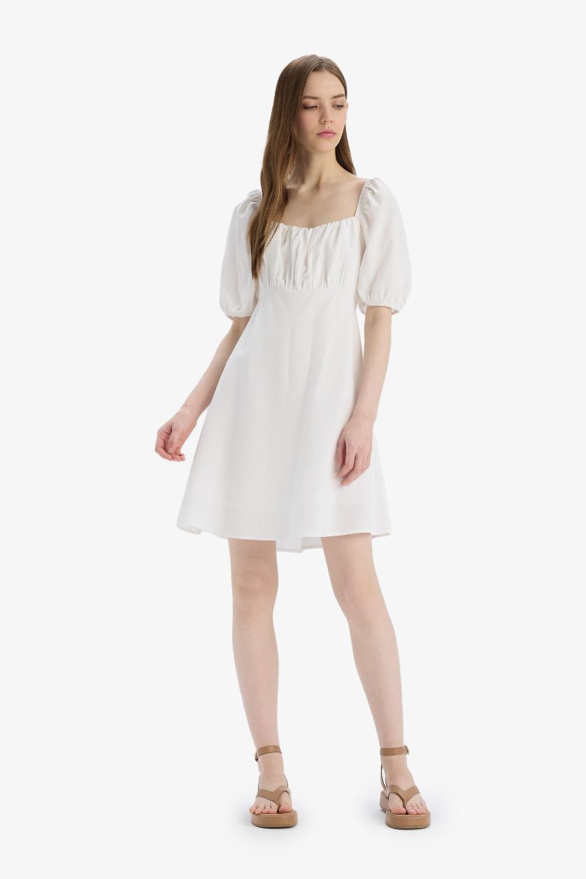 نساء اوف وايت فستان نص كم ميدي من مزيج الكتان بياقة مربعة