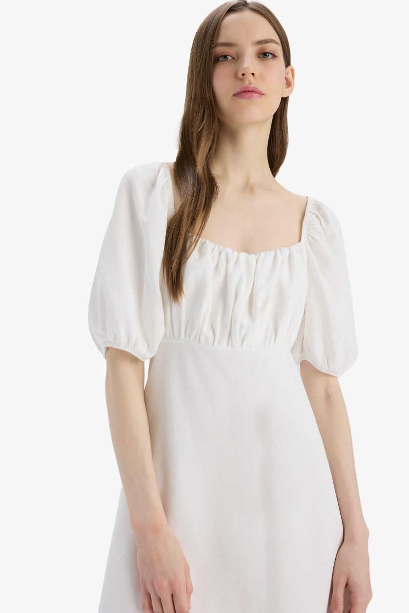 نساء اوف وايت فستان نص كم ميدي من مزيج الكتان بياقة مربعة