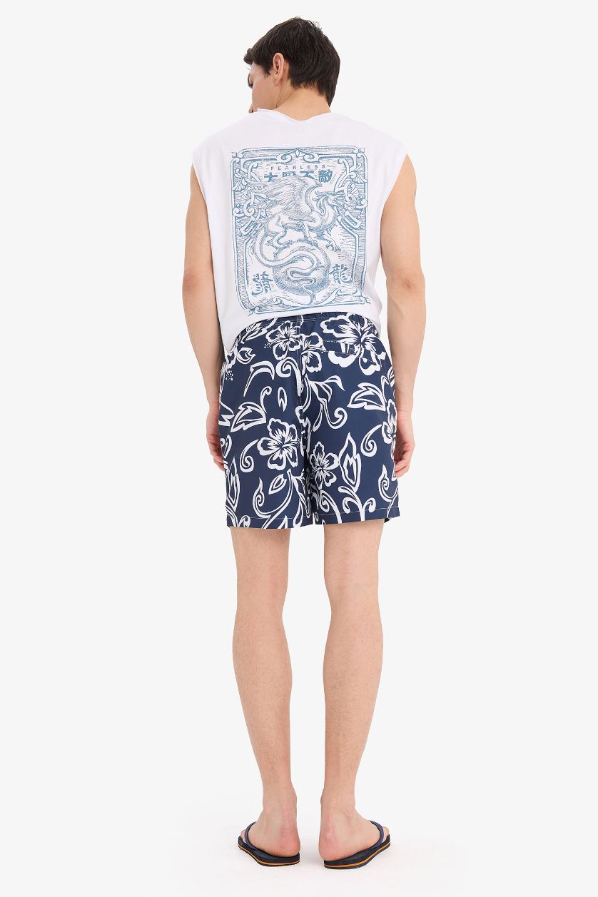 MAN NAVY Patterned Mesh Lined Short Length Swim Shorts