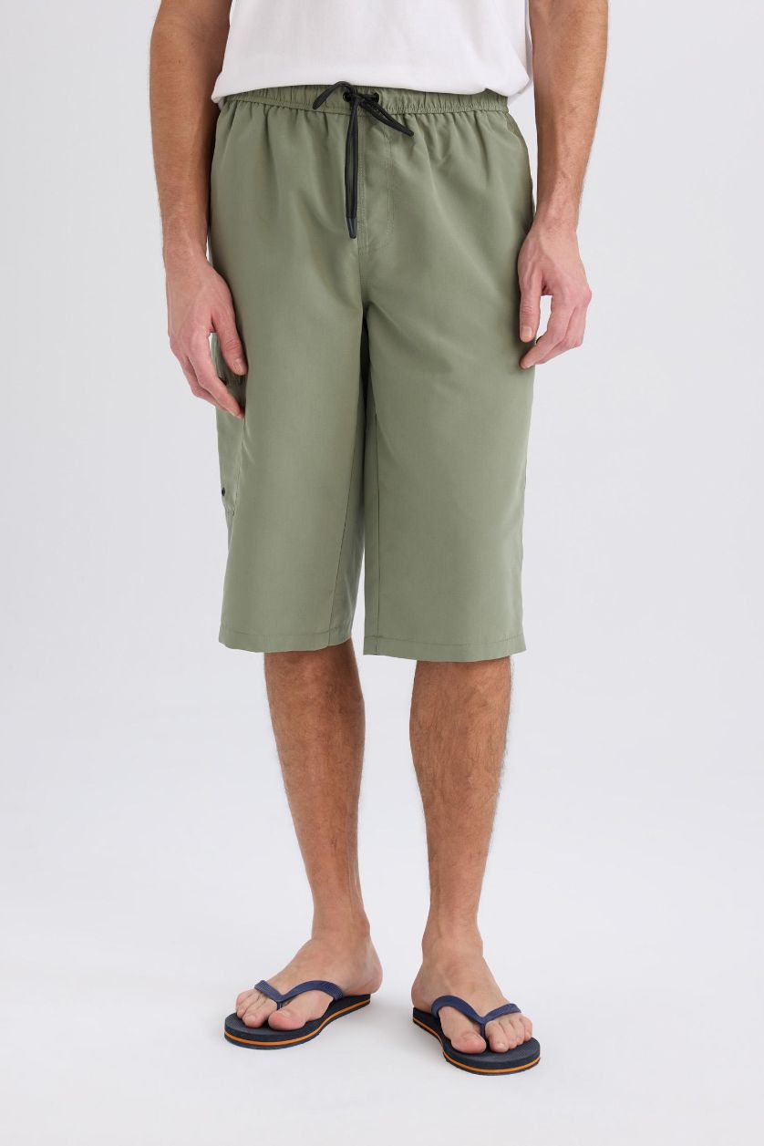 Erkek Açık Haki Long Fit File Astarlı Uzun Boy Kargo Cep Deniz Şortu