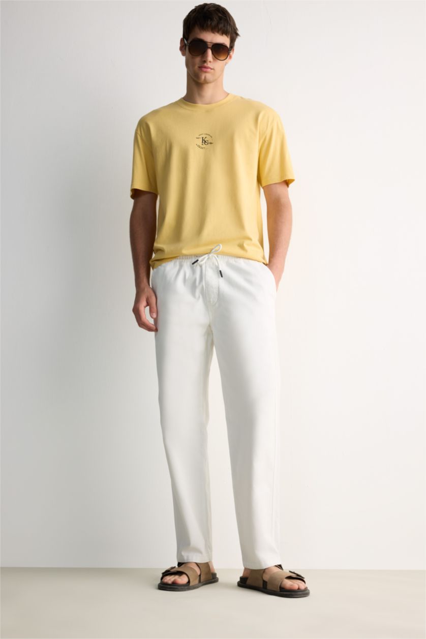 Erkek Açık Sarı %100 Pamuk Boxy Fit Bisiklet Yaka Baskılı Kısa Kollu Tişört