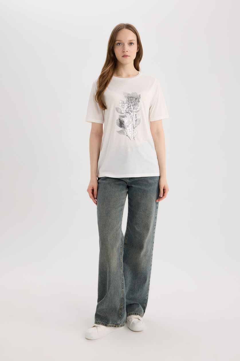 WOMAN Ecru Regular Fit Crew Neck Short Sleeve T-Shirt