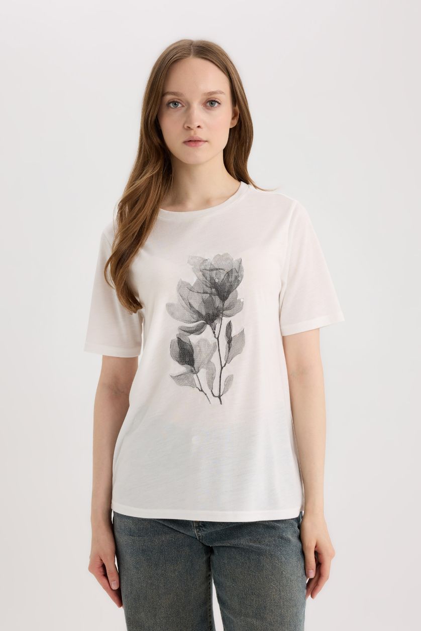 WOMAN Ecru Regular Fit Crew Neck Short Sleeve T-Shirt