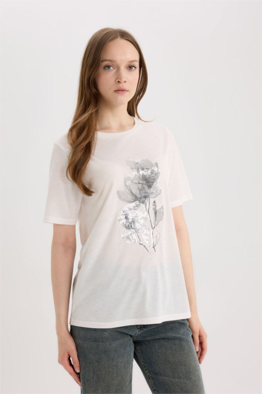 WOMAN Ecru Regular Fit Crew Neck Short Sleeve T-Shirt