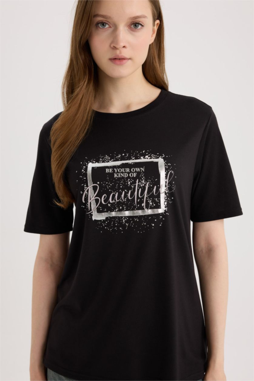 حريمي أسود تيشيرت نص كم قصة عادية بياقة مستديرة