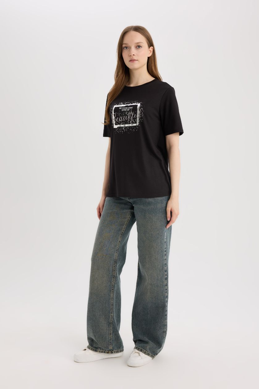 حريمي أسود تيشيرت نص كم قصة عادية بياقة مستديرة