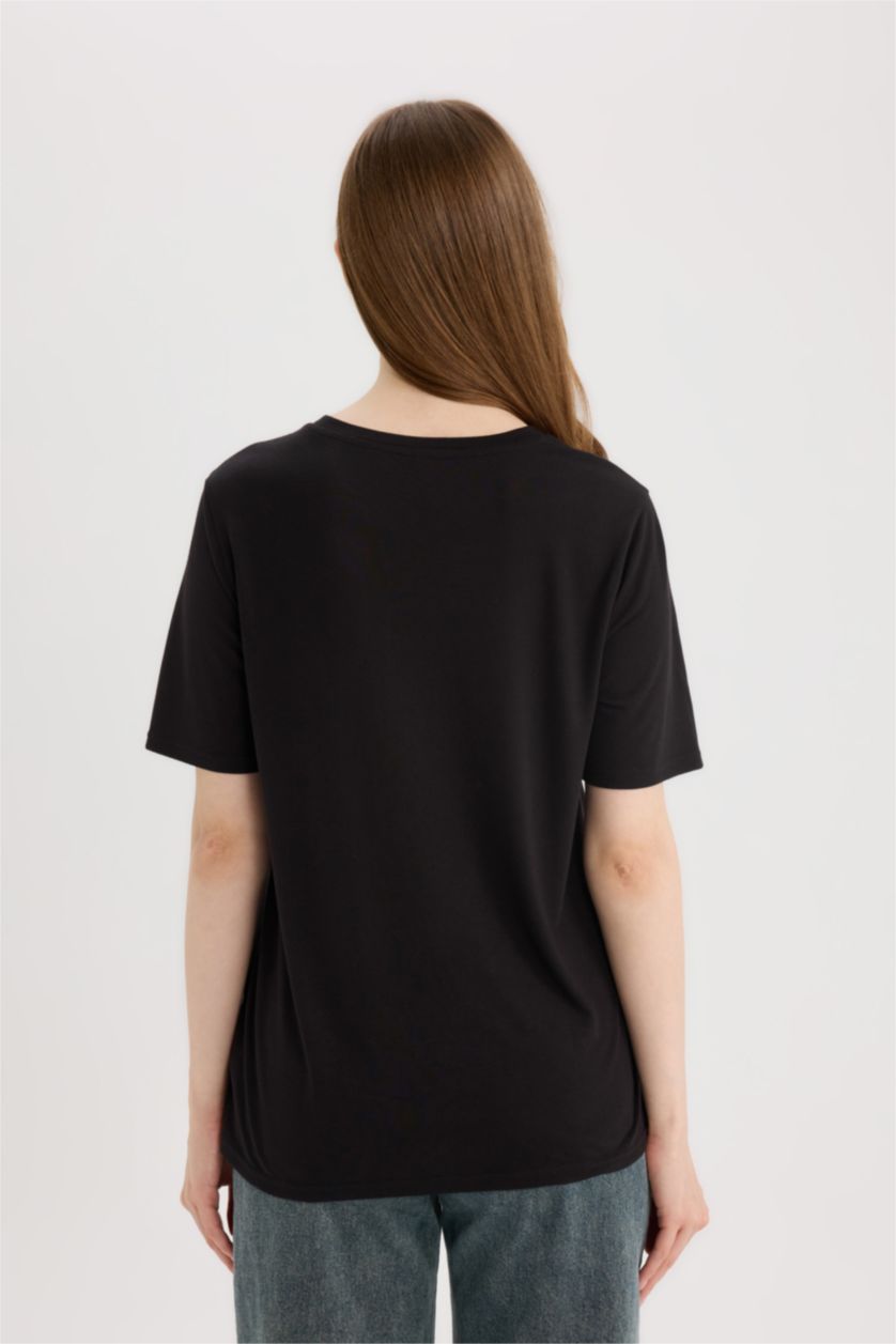 حريمي أسود تيشيرت نص كم قصة عادية بياقة مستديرة