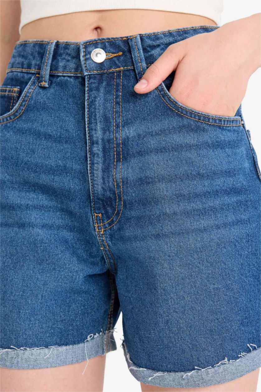 Woman Dark Blue Mom Fit Denim High waist Crop Fit Shorts
