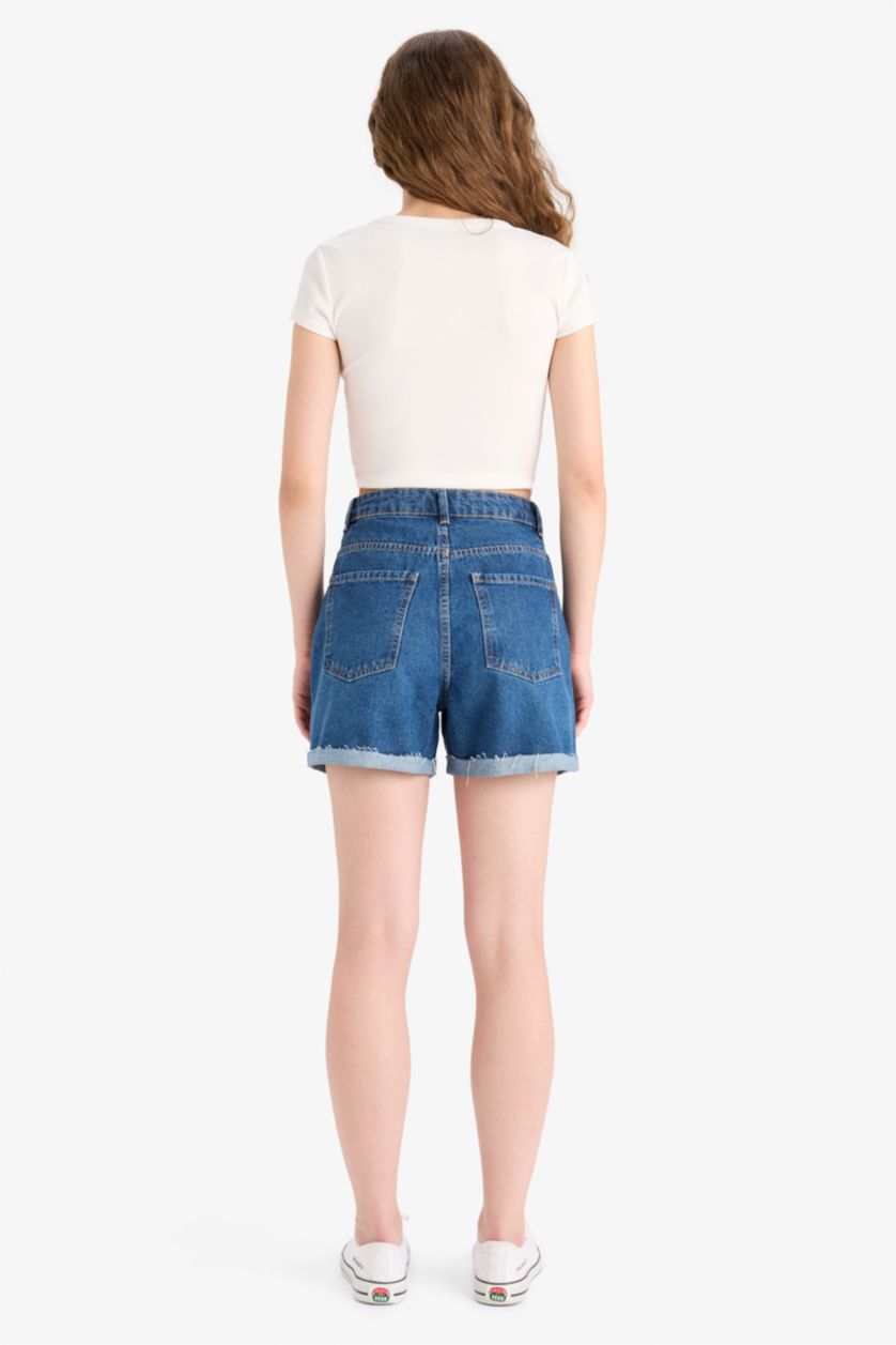 Woman Dark Blue Mom Fit Denim High waist Crop Fit Shorts