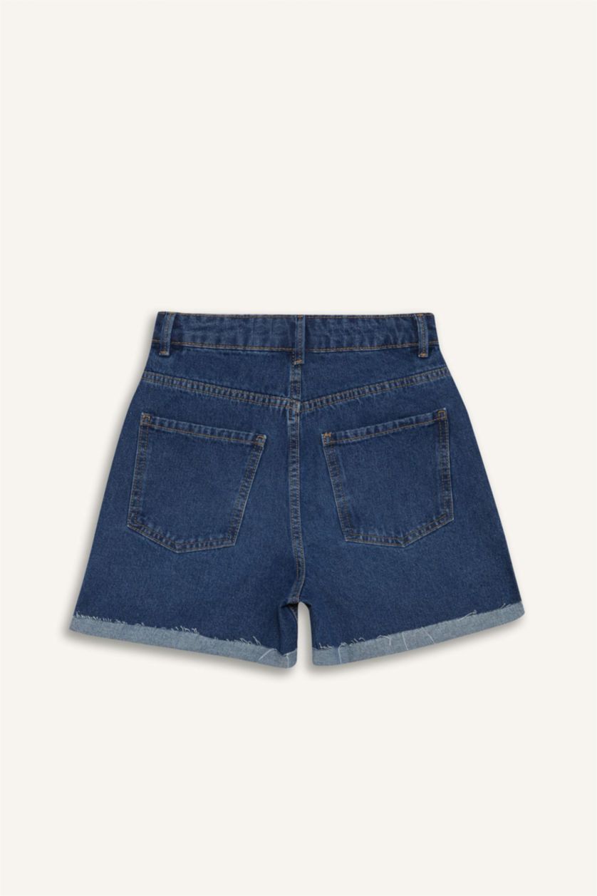 Woman Dark Blue Mom Fit Denim High waist Crop Fit Shorts