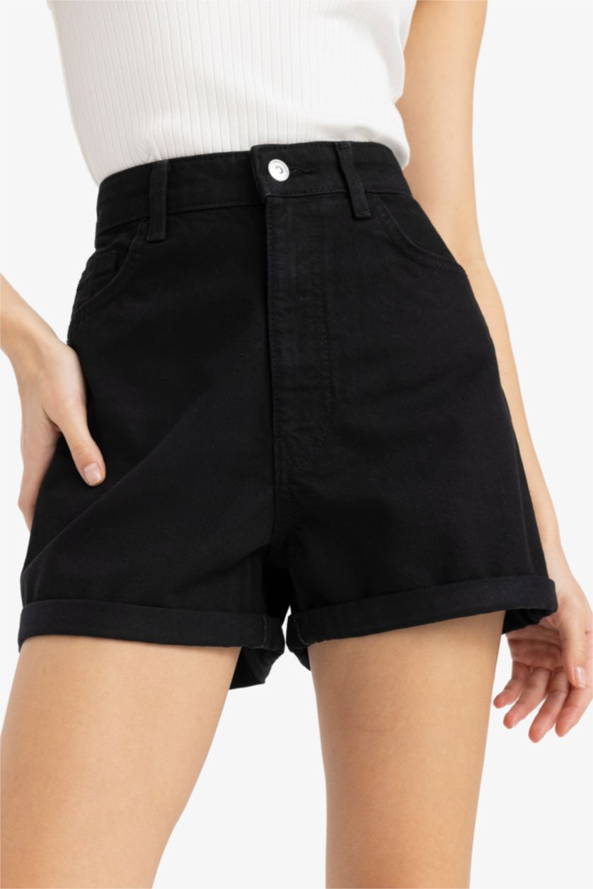 نساء أسود شورت جينز موم فيت بخصر عالي