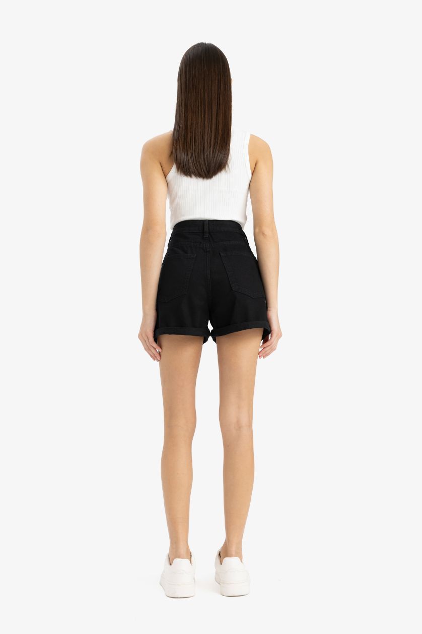 نساء أسود شورت جينز موم فيت بخصر عالي