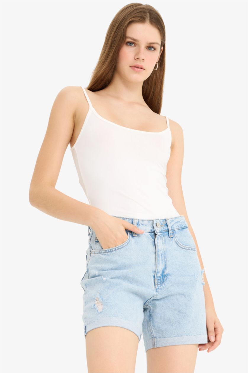 Kadın Açık Mavi %100 Pamuk Boyfrıend Yüksek Bel Jean Şort