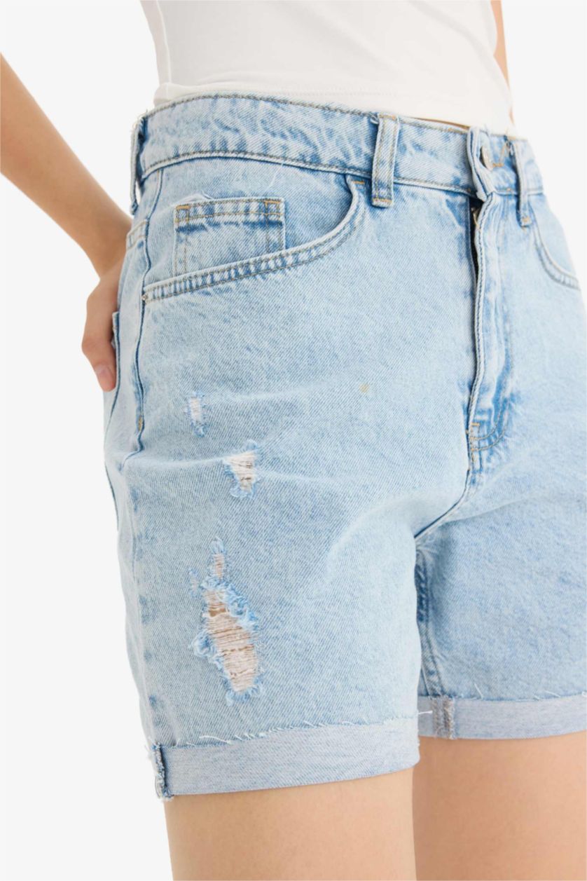 Kadın Açık Mavi %100 Pamuk Boyfrıend Yüksek Bel Jean Şort