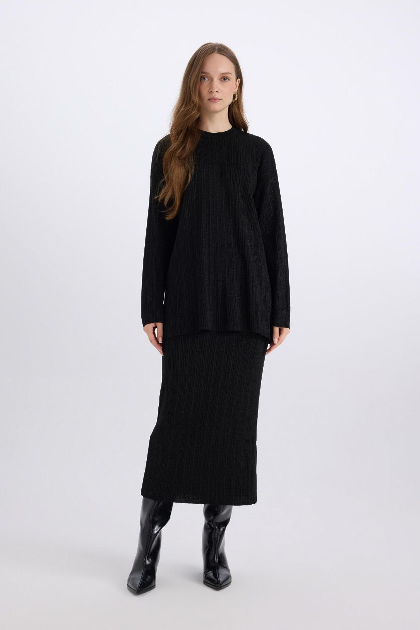 Kadın Siyah Regular Fit Basic Düz Maxi Triko Etek