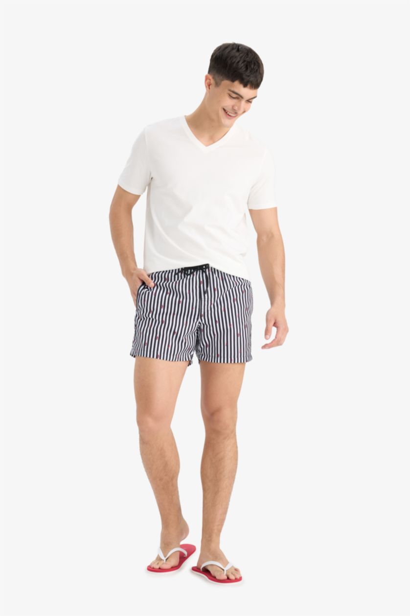 MAN Black Mesh Lined Short Length Striped Swim Shorts
