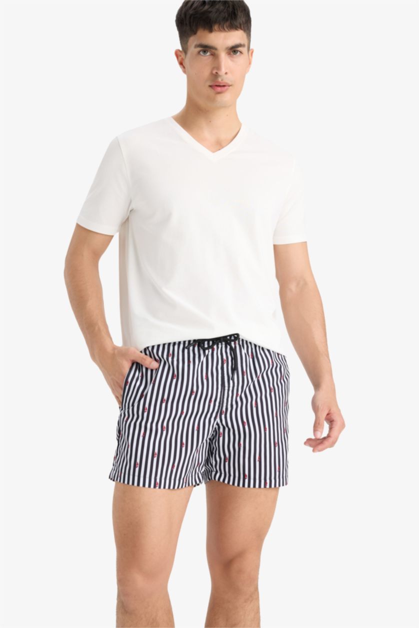 MAN Black Mesh Lined Short Length Striped Swim Shorts