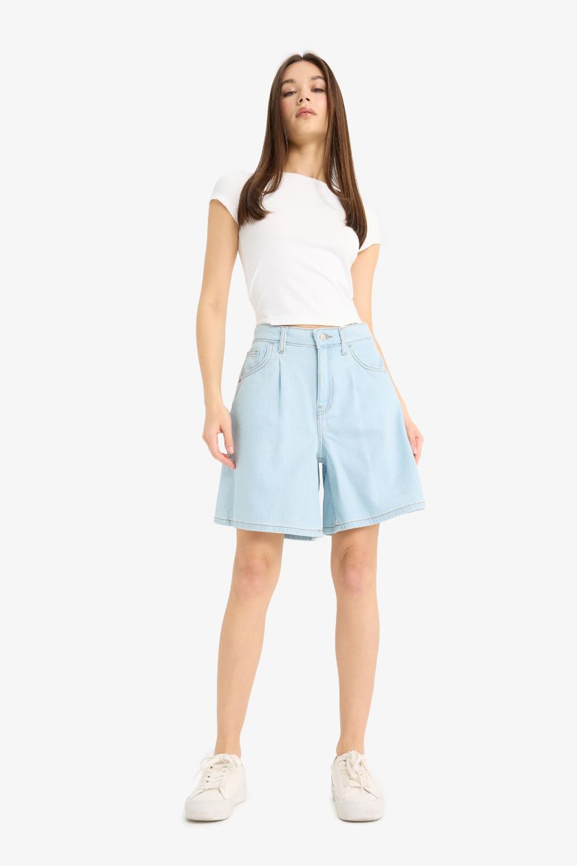Woman Light Indigo High Waist Soft Denim Bermuda Shorts