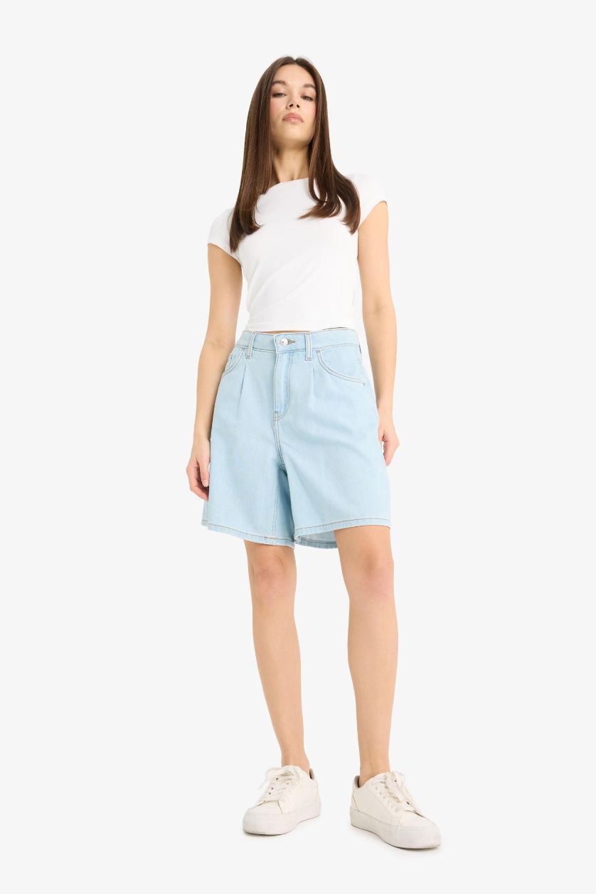Woman Light Indigo High Waist Soft Denim Bermuda Shorts