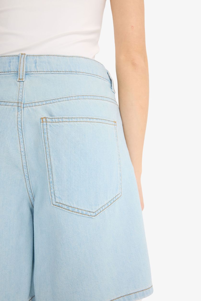 Woman Light Indigo High Waist Soft Denim Bermuda Shorts