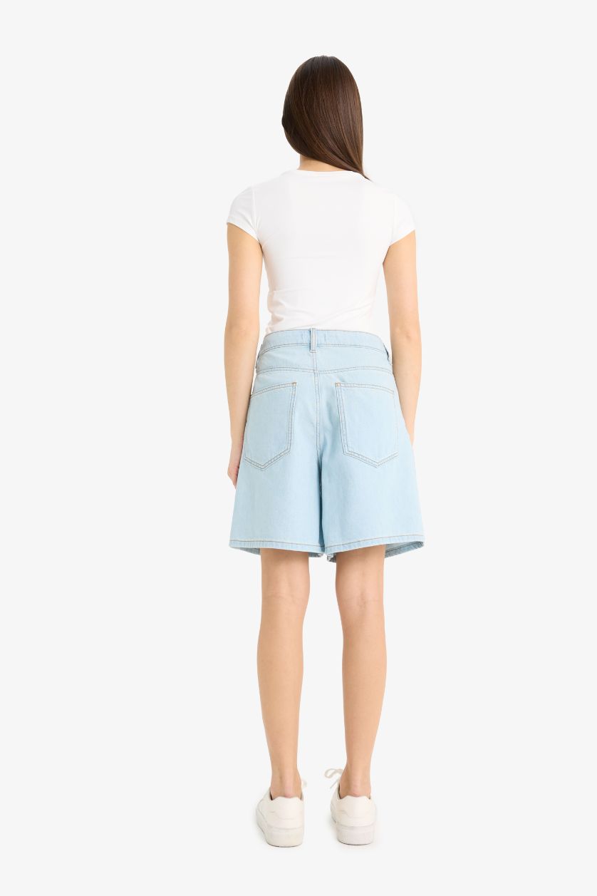 Woman Light Indigo High Waist Soft Denim Bermuda Shorts