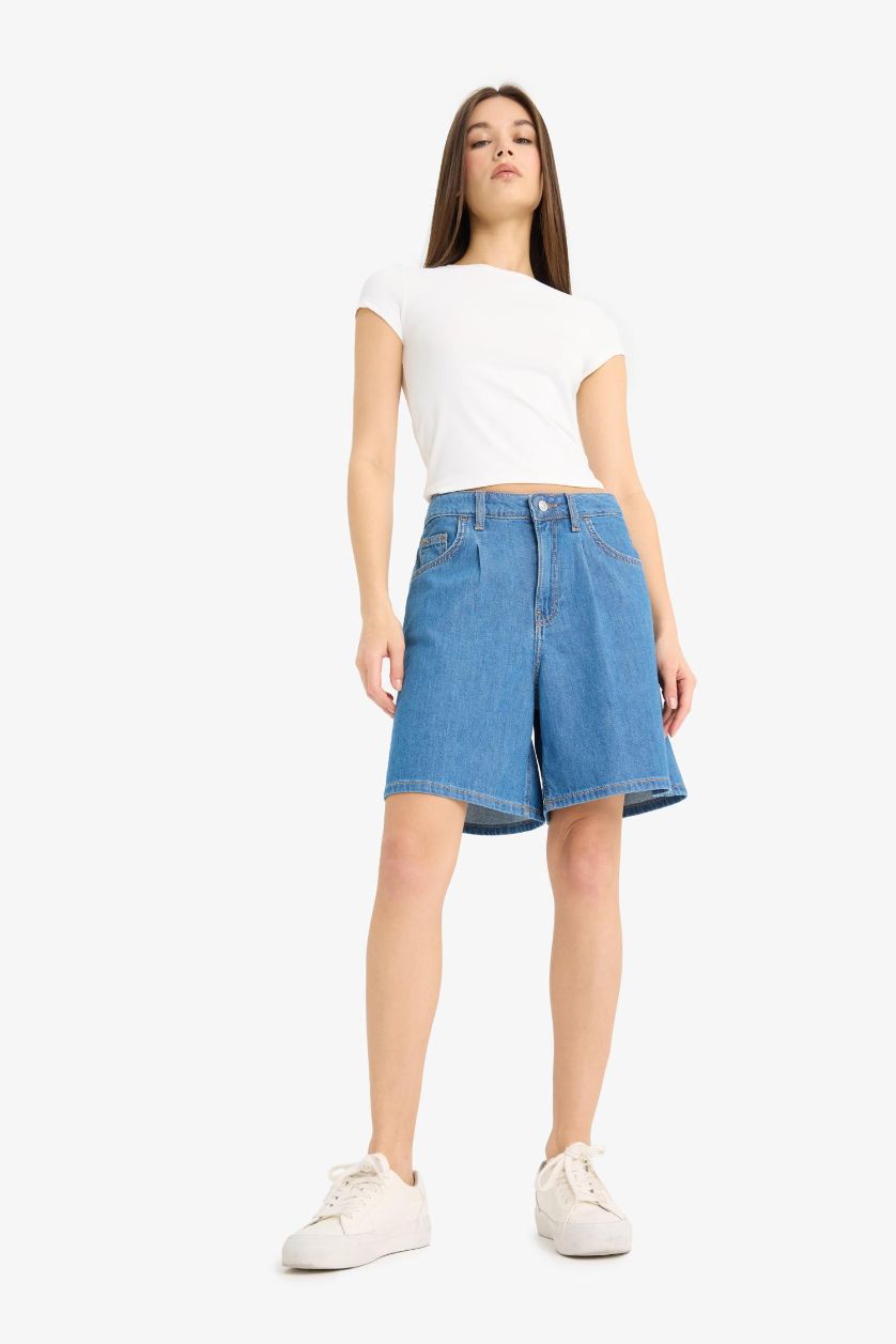 Woman Blue High Waist Soft Denim Bermuda Shorts