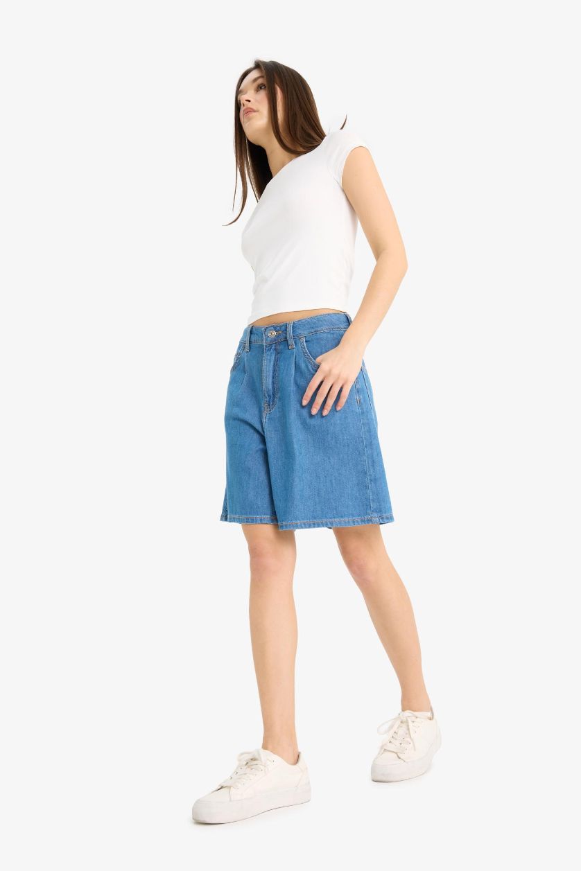 Woman Blue High Waist Soft Denim Bermuda Shorts