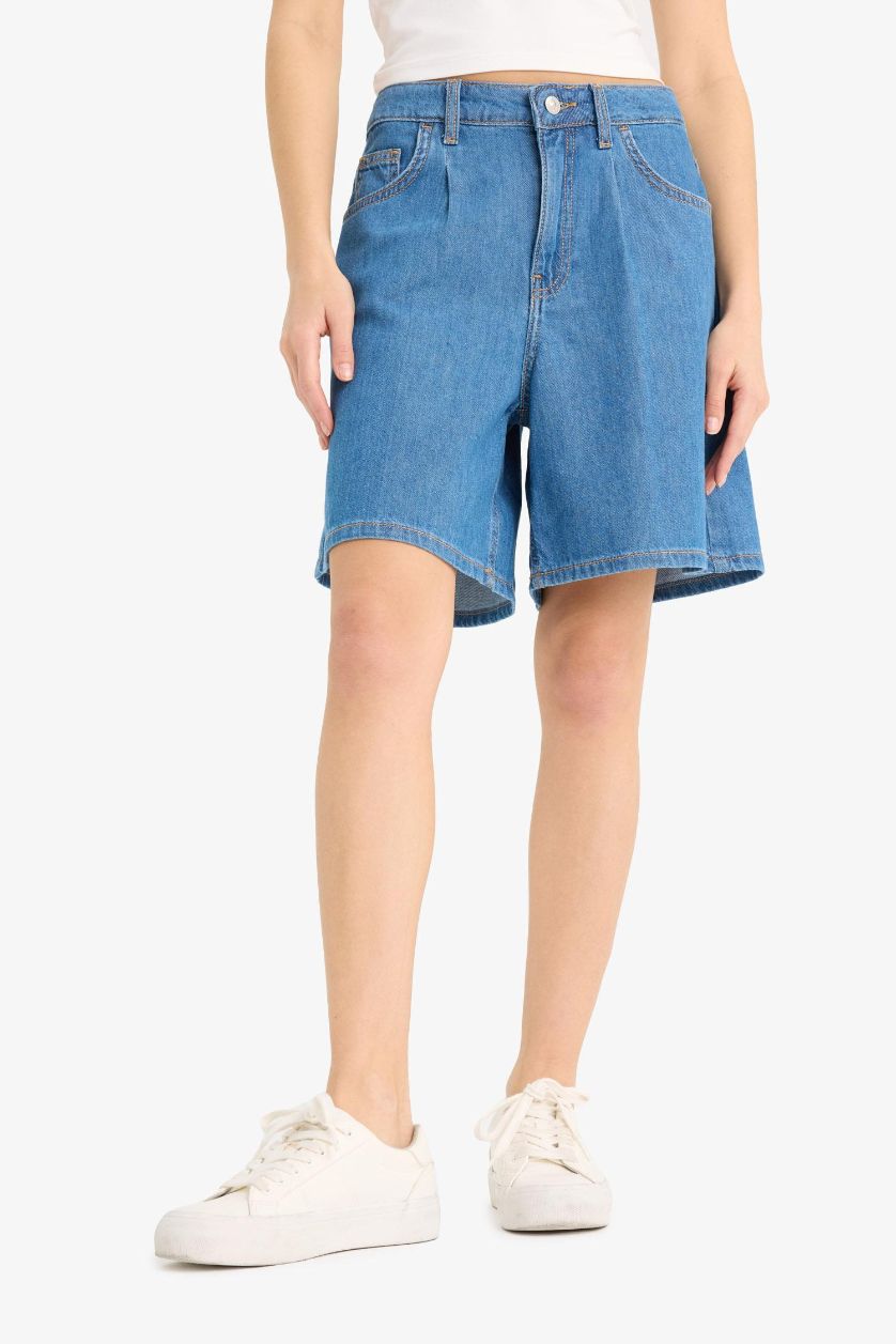 Woman Blue High Waist Soft Denim Bermuda Shorts