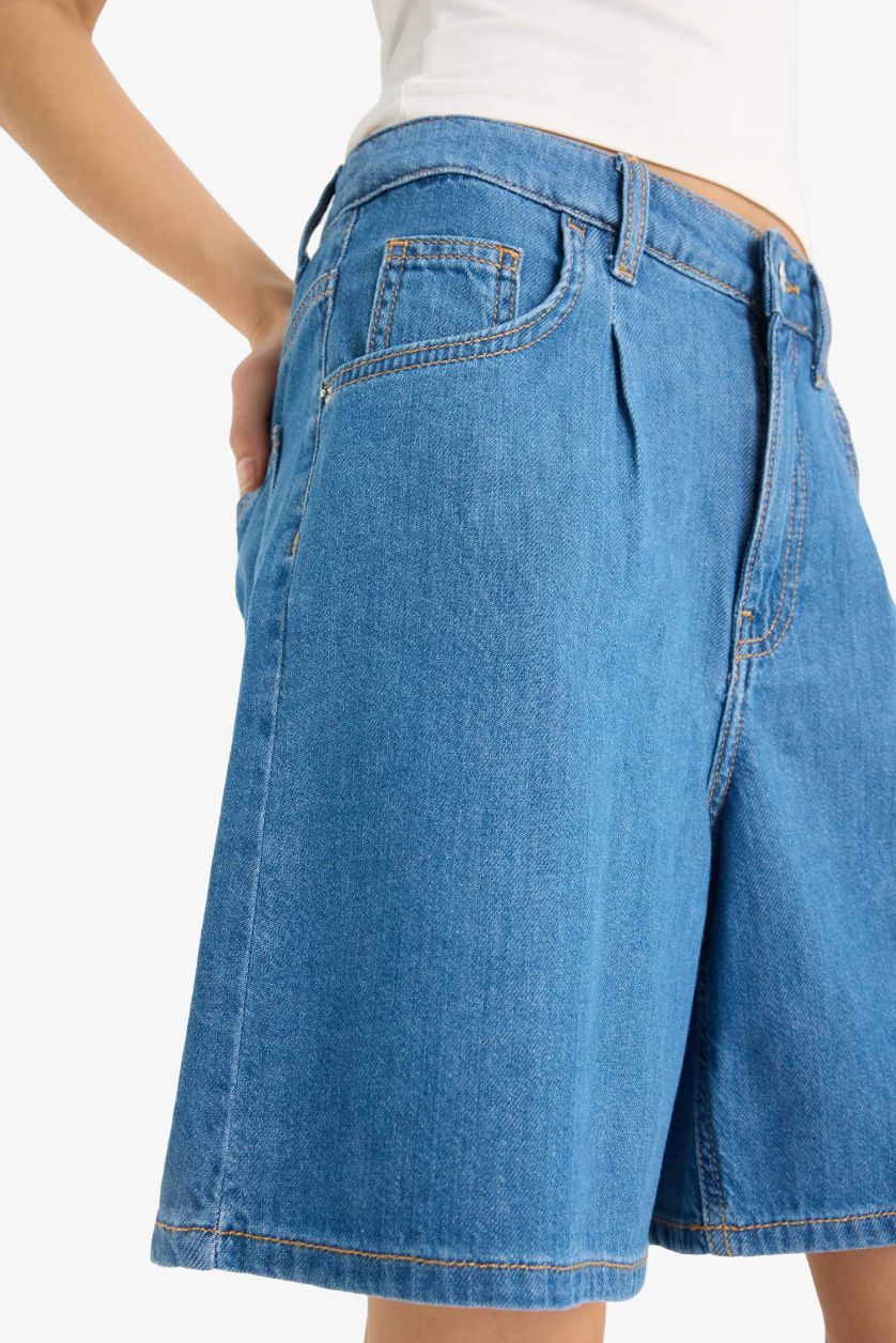 Woman Blue High Waist Soft Denim Bermuda Shorts