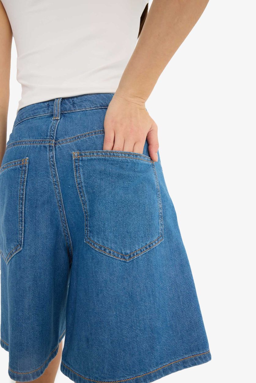 Woman Blue High Waist Soft Denim Bermuda Shorts