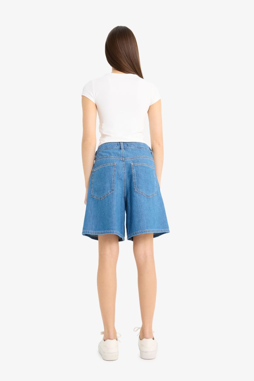Woman Blue High Waist Soft Denim Bermuda Shorts