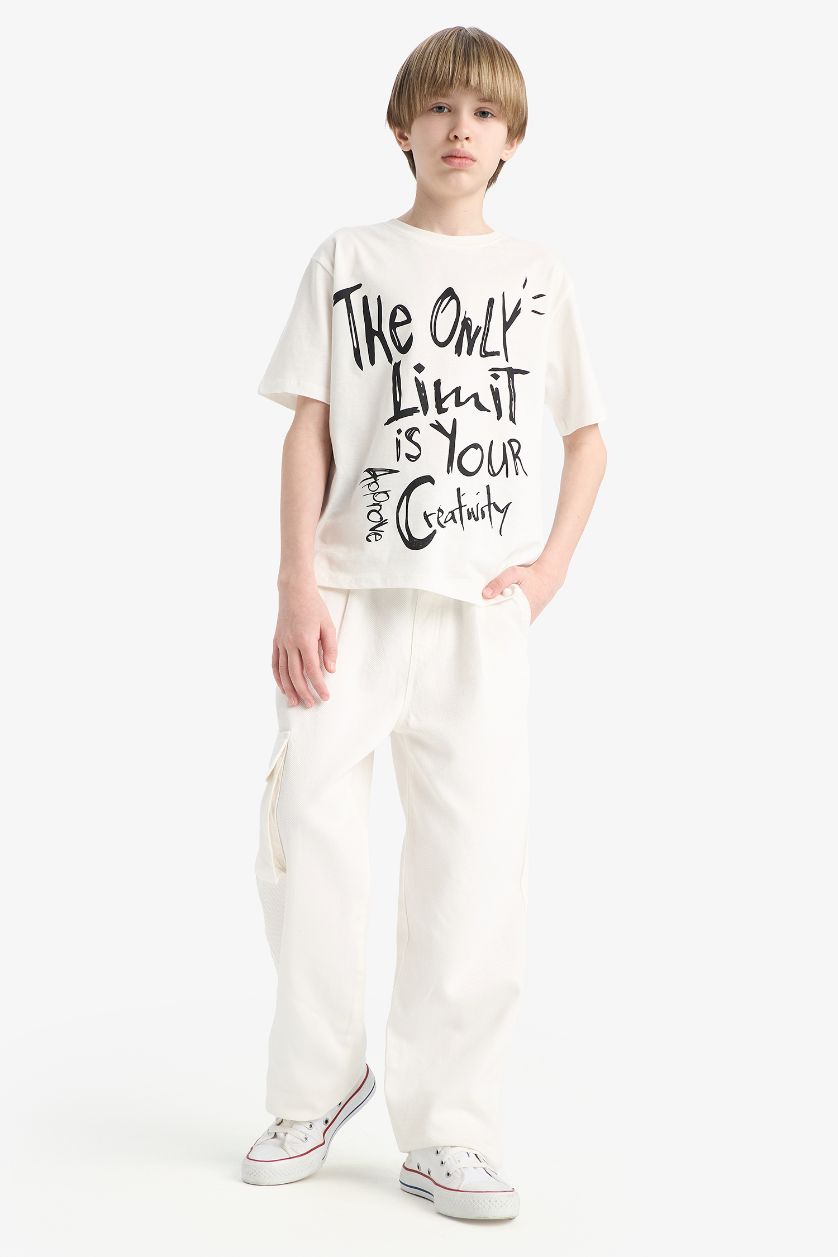 Erkek Çocuk - Genç Erkek Kırık Beyaz Bisiklet Yaka Baskılı Kısa Kollu Tişört Erkek Çocuk